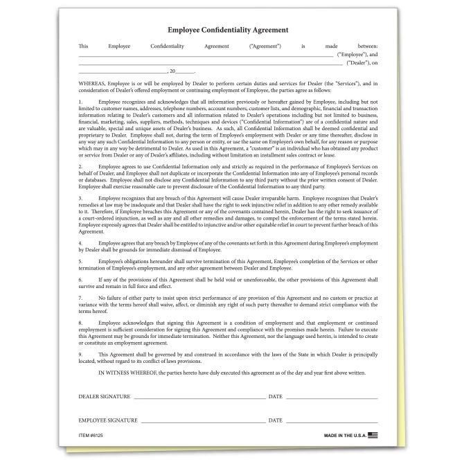 Employee confidentiality agreement form #6125 printed in black on white paper