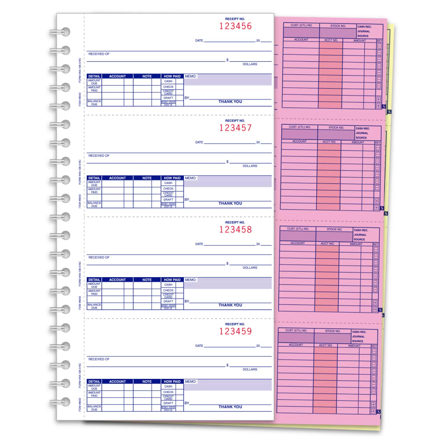 Coil-bound 3-part cash receipt book showing four numbered white receipts with pink and canary copies