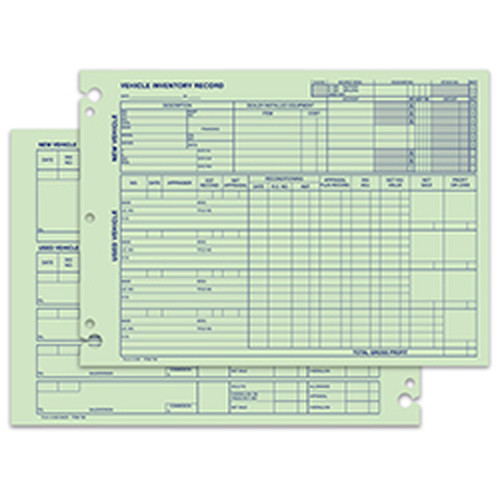 Front and back of green A-532 vehicle inventory record forms with keyhole-punched edges