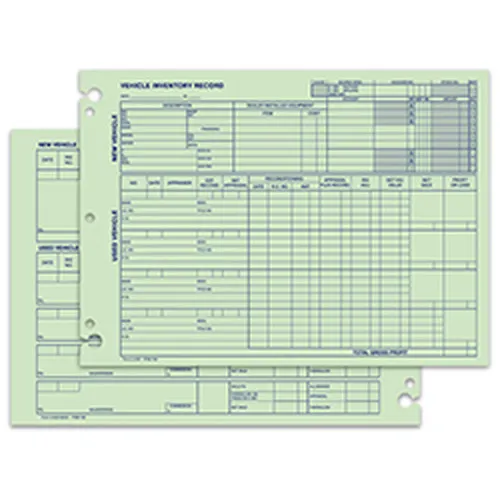 Front and back of green A-532 vehicle inventory record forms with keyhole-punched edges