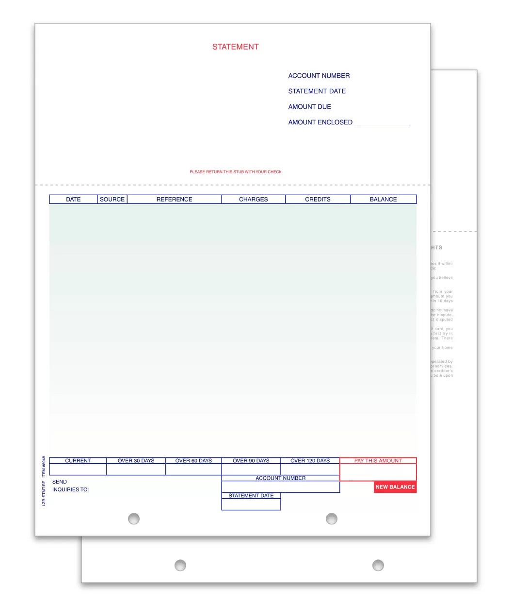 Balance-forward LZR-STMT-BF laser statement showing the payment stub, transaction area and gray printed reverse