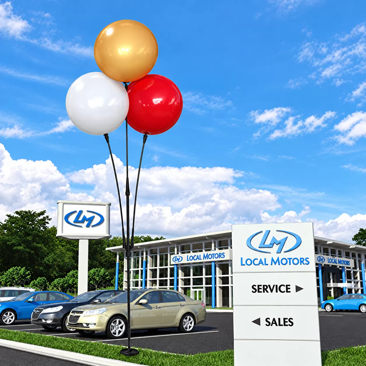 Three-balloon DuraBalloon ground-spike display at a dealership