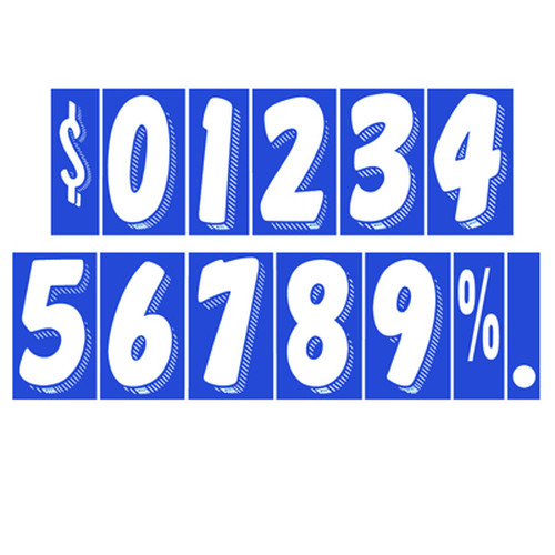 EZ189 windshield pricing decals with white numbers on a blue background, showing sample numbers and symbols