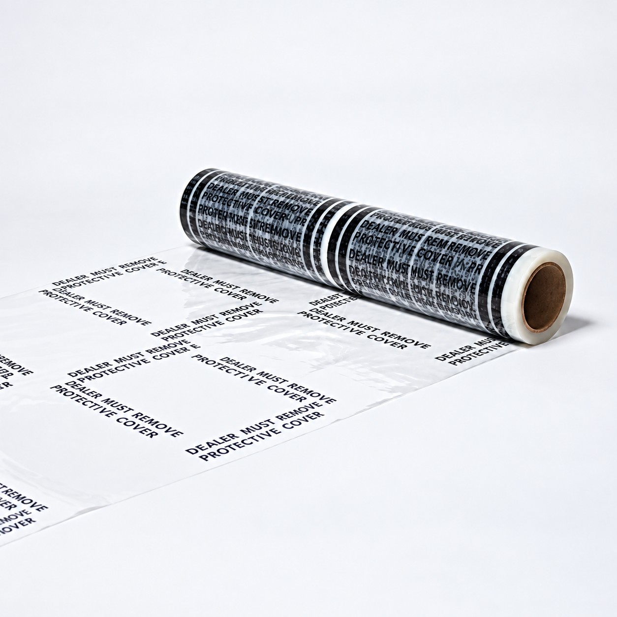 Clear adhesive floor mat roll partly unrolled to show the printed mat sections