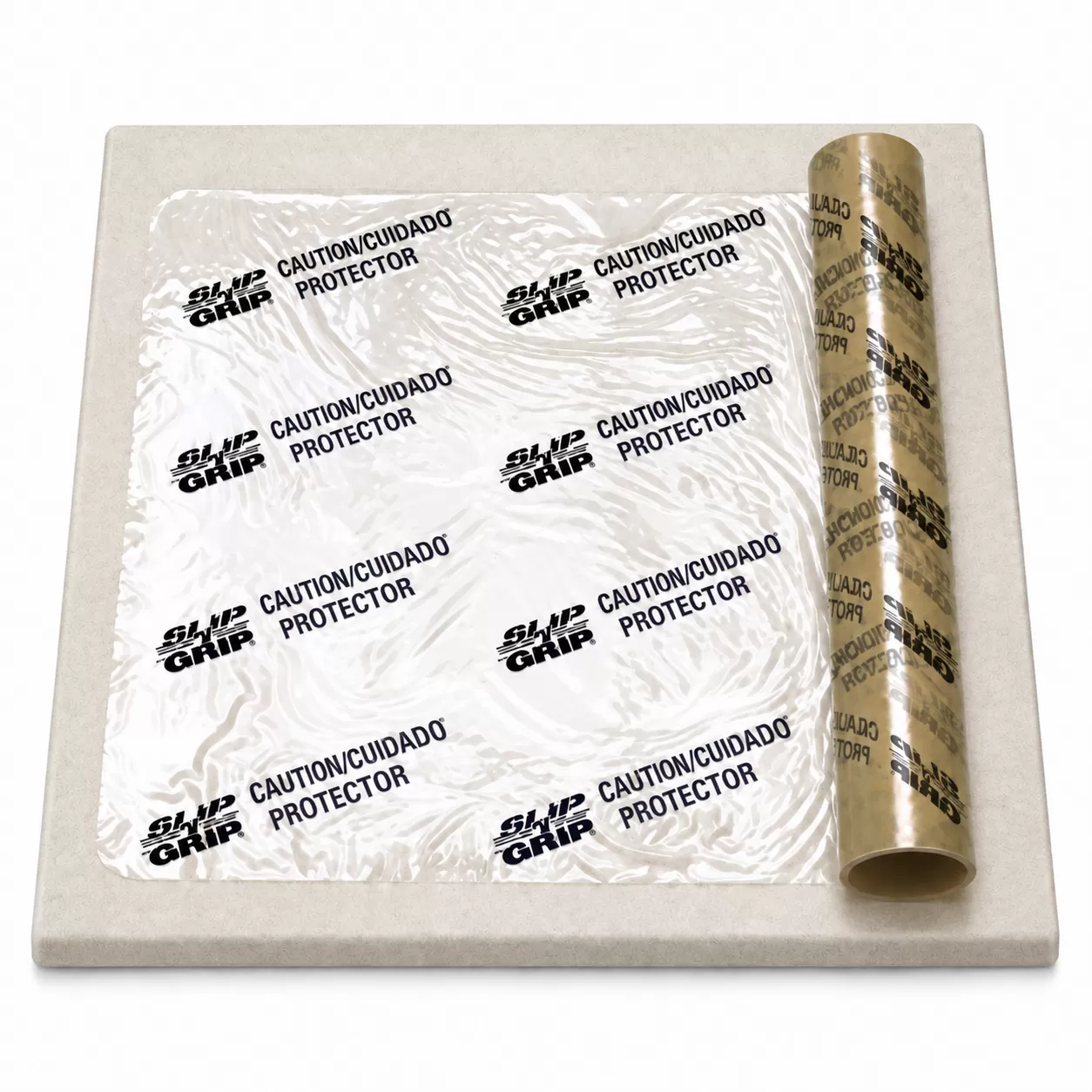 Roll of clear adhesive carpet protection film with repeating black print