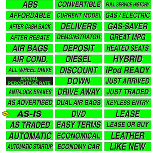 EZ115 fluorescent chartreuse windshield slogan stickers with black shaded lettering in assorted example messages