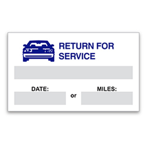 Blue car Return For Service static cling label with date and mileage spaces