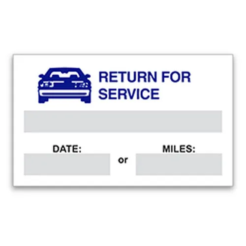 Blue car Return For Service static cling label with date and mileage spaces