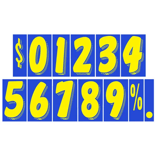 EZ167 windshield pricing decals with yellow numbers on a blue background, showing sample numbers and symbols