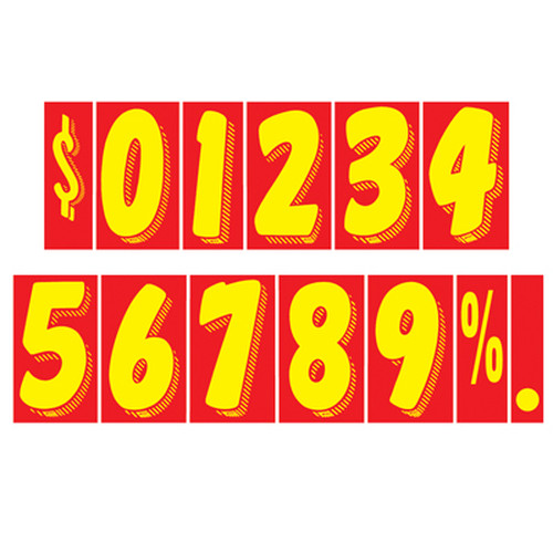 EZ136 windshield pricing decals with yellow numbers on a red background, showing sample numbers and symbols