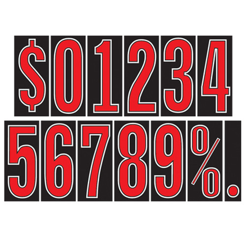 EZ103 windshield pricing decals with red numbers and white outlines on black, showing numbers and symbols