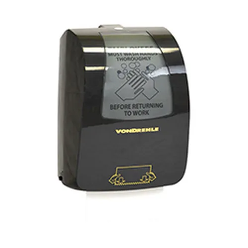 Black pull-down roll paper towel dispenser with front viewing window
