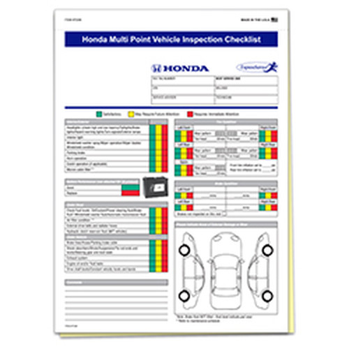 Honda Multi Point Vehicle Inspection Checklist with color-coded checks and vehicle diagrams