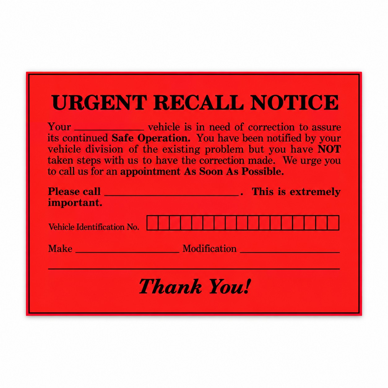 Fluorescent red RT-6 urgent recall notice card with black print, contact line and vehicle information fields