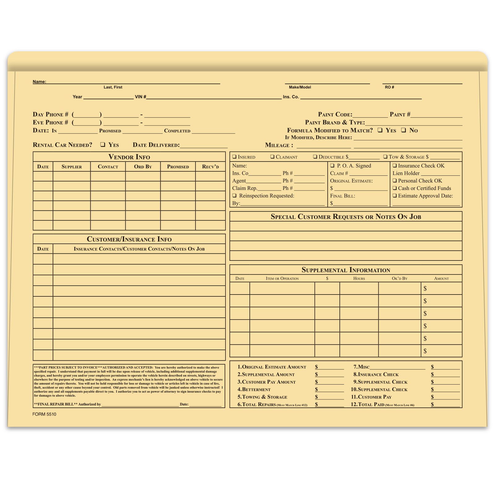 Buff body shop repair order jacket with black printed form fields