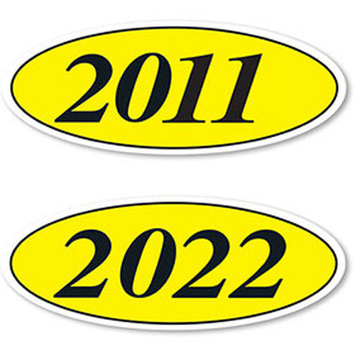 4-digit oval windshield year stickers with black numbers on yellow, showing 2011 and 2022 examples