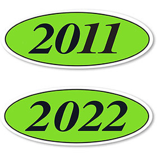 4-digit oval windshield year stickers with black numbers on chartreuse, showing 2011 and 2022 examples