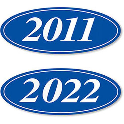4-digit oval windshield year stickers with white numbers on blue, showing 2011 and 2022 examples