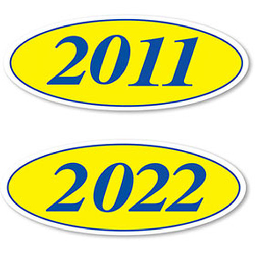 4-digit oval windshield year stickers with blue numbers on yellow, showing 2011 and 2022 examples