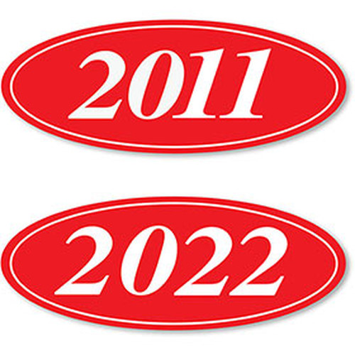 4-digit oval windshield year stickers with white numbers on red, showing 2011 and 2022 examples