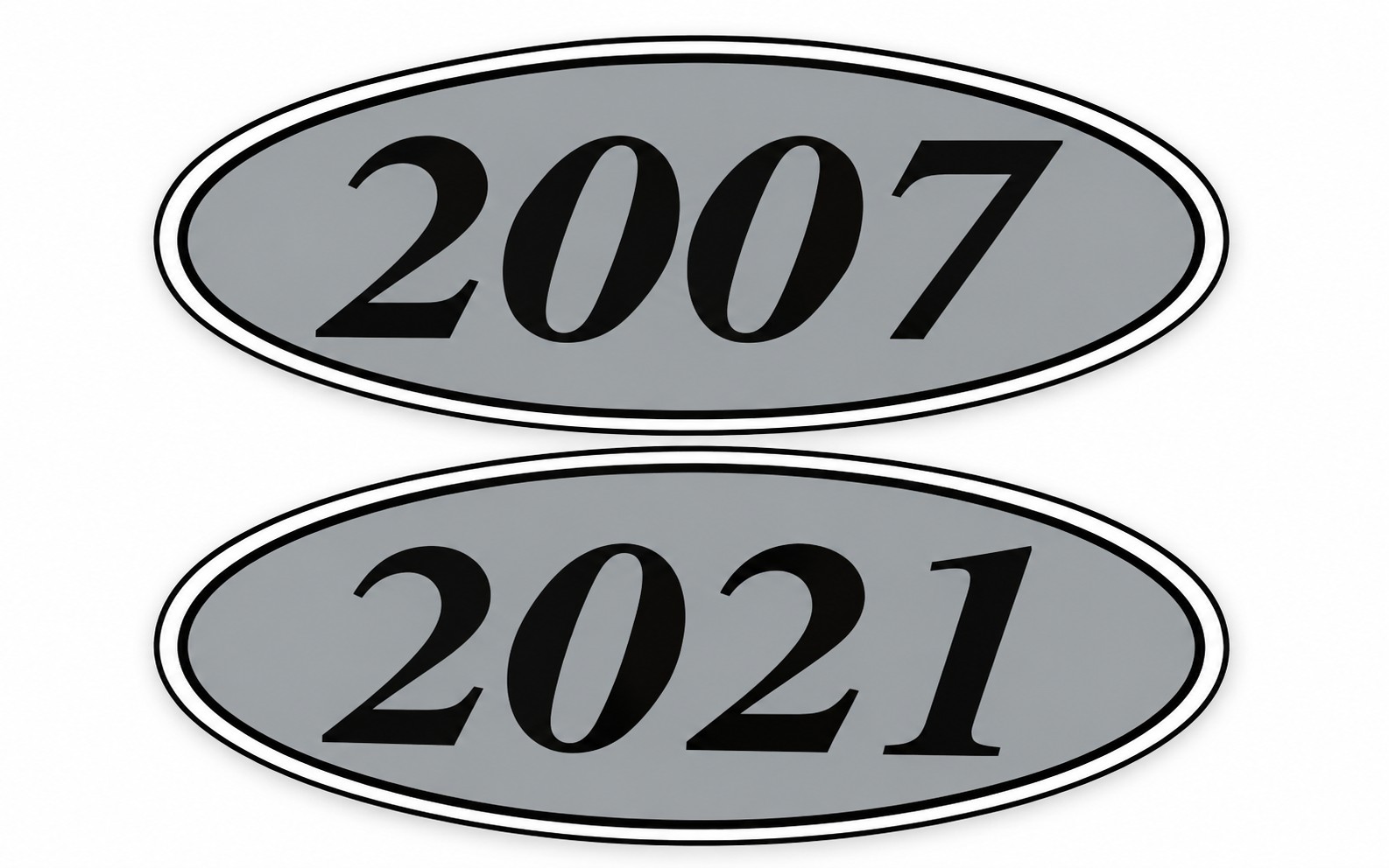 4-digit oval windshield year stickers with black numbers on silver, showing 2007 and 2021 examples