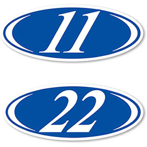 2-digit oval windshield year stickers with white numbers on blue, showing 11 and 22 examples