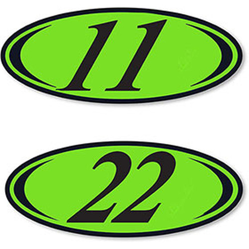 2-digit oval windshield year stickers with black numbers on chartreuse, showing 11 and 22 examples
