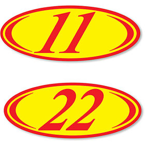 2-digit oval windshield year stickers with red numbers on yellow, showing 11 and 22 examples