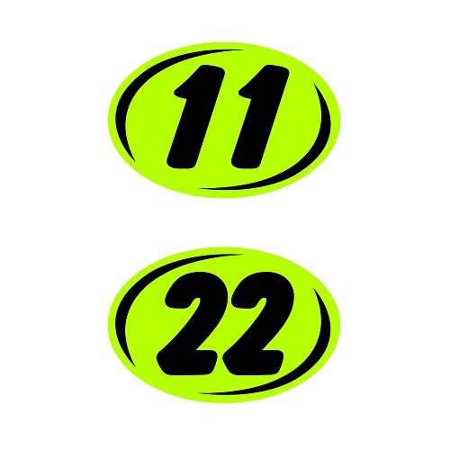 Bold 2-digit oval windshield year stickers with black numbers on chartreuse, showing 11 and 22 examples