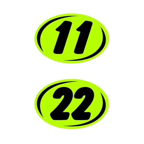 Bold 2-digit oval windshield year stickers with black numbers on chartreuse, showing 11 and 22 examples