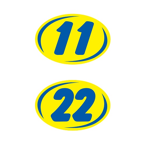 Bold 2-digit oval windshield year stickers with blue numbers on yellow, showing 11 and 22 examples