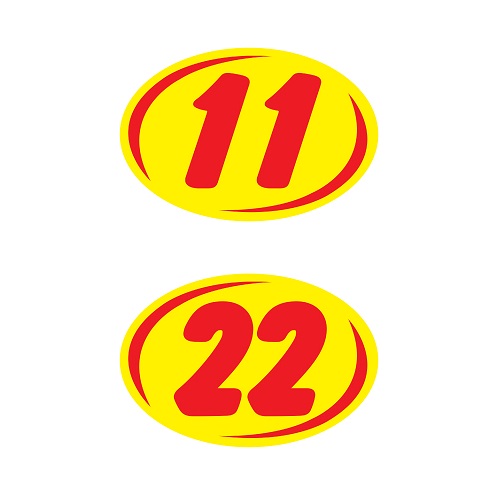Bold 2-digit oval windshield year stickers with red numbers on yellow, showing 11 and 22 examples