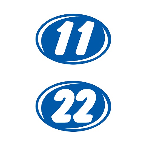 Bold 2-digit oval windshield year stickers with white numbers on blue, showing 11 and 22 examples