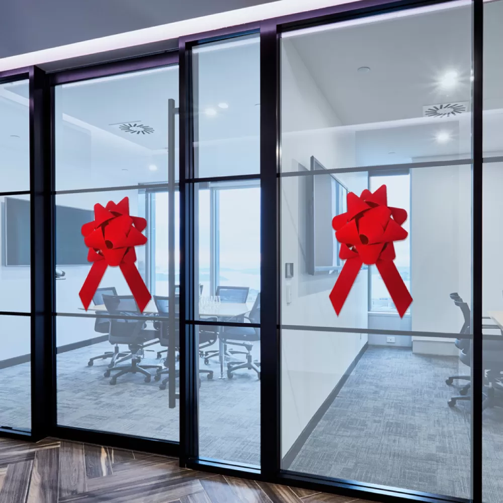 Red velvet showroom bow with a locking suction cup, 18 inches wide by 34 inches long
