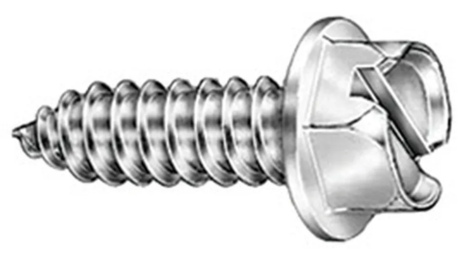Zinc-coated American license plate screw with slotted hex head and pointed tip