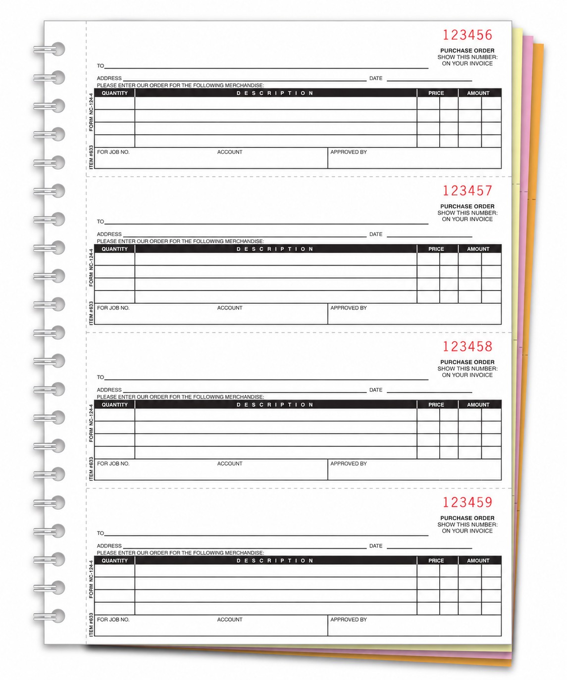 Coil-bound purchase order book showing 4 numbered purchase order forms per page