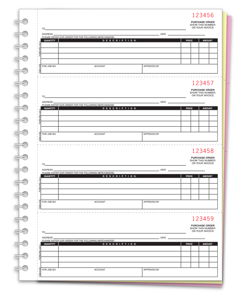 Coil-bound purchase order book showing 4 numbered purchase order forms per page