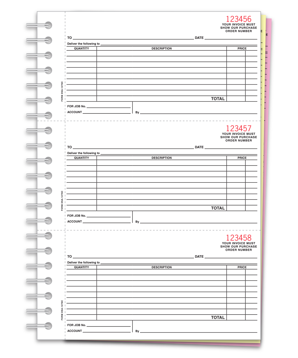 Coil-bound purchase order book showing 3 numbered purchase order forms per page