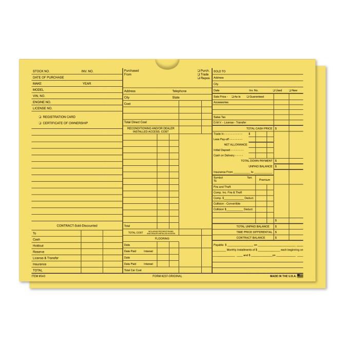 Buff 3-in-1 vehicle deal jacket with three printed recordkeeping columns
