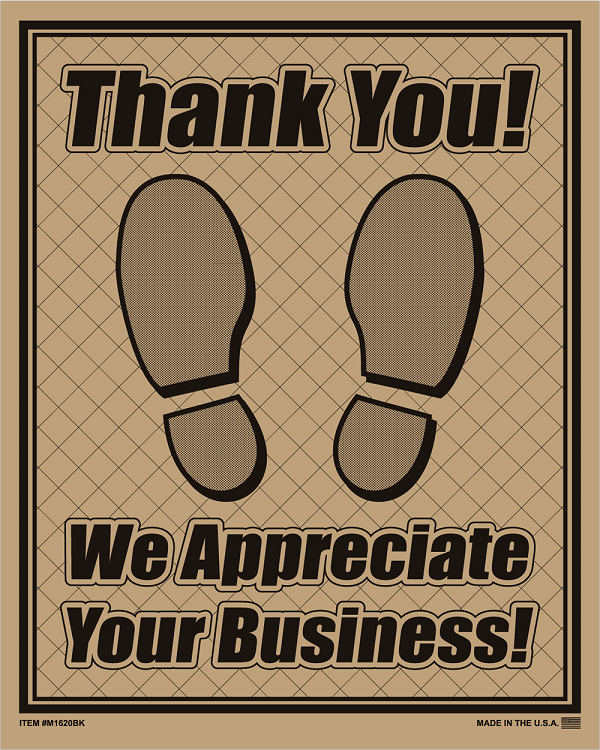 Brown kraft paper floor mat with black footprints and a thank-you message