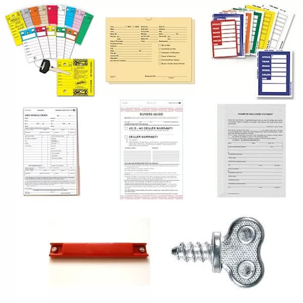 Auto dealer starter pack showing forms, a buff deal jacket, key tags, stock stickers, a red plate magnet and a thumbscrew