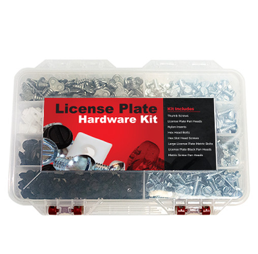 Clear license plate hardware organizer case containing assorted screws, bolts and white nylon inserts