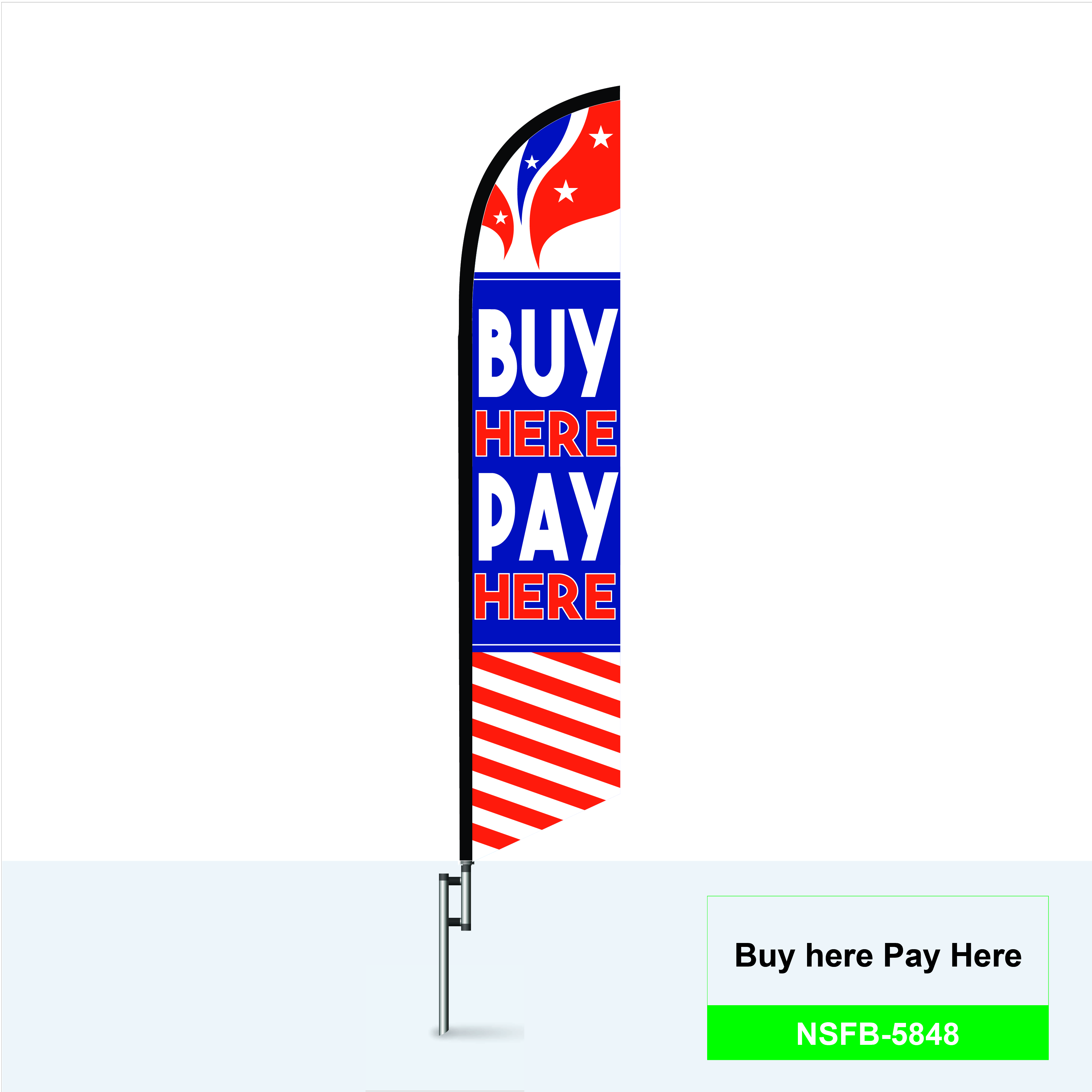 Buy Here Pay Here feather flag with yellow lettering and blue and black pattern
