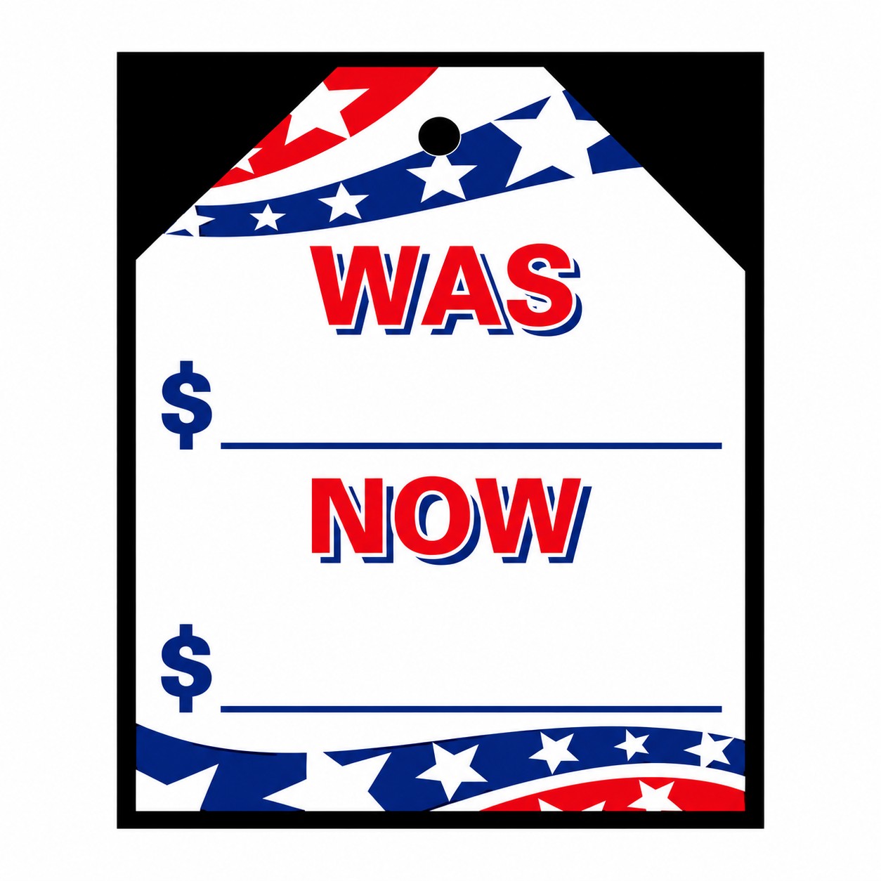 Patriotic Was Now stick-on decal tag with red and blue stars, dollar signs and price lines