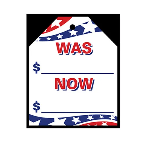 Patriotic Was Now stick-on decal tag with red and blue stars, dollar signs and price lines