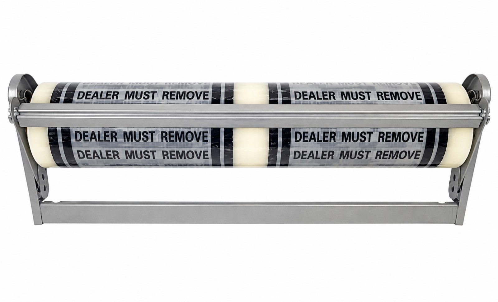 Gray metal dispenser rack holding a roll of printed adhesive floor mats