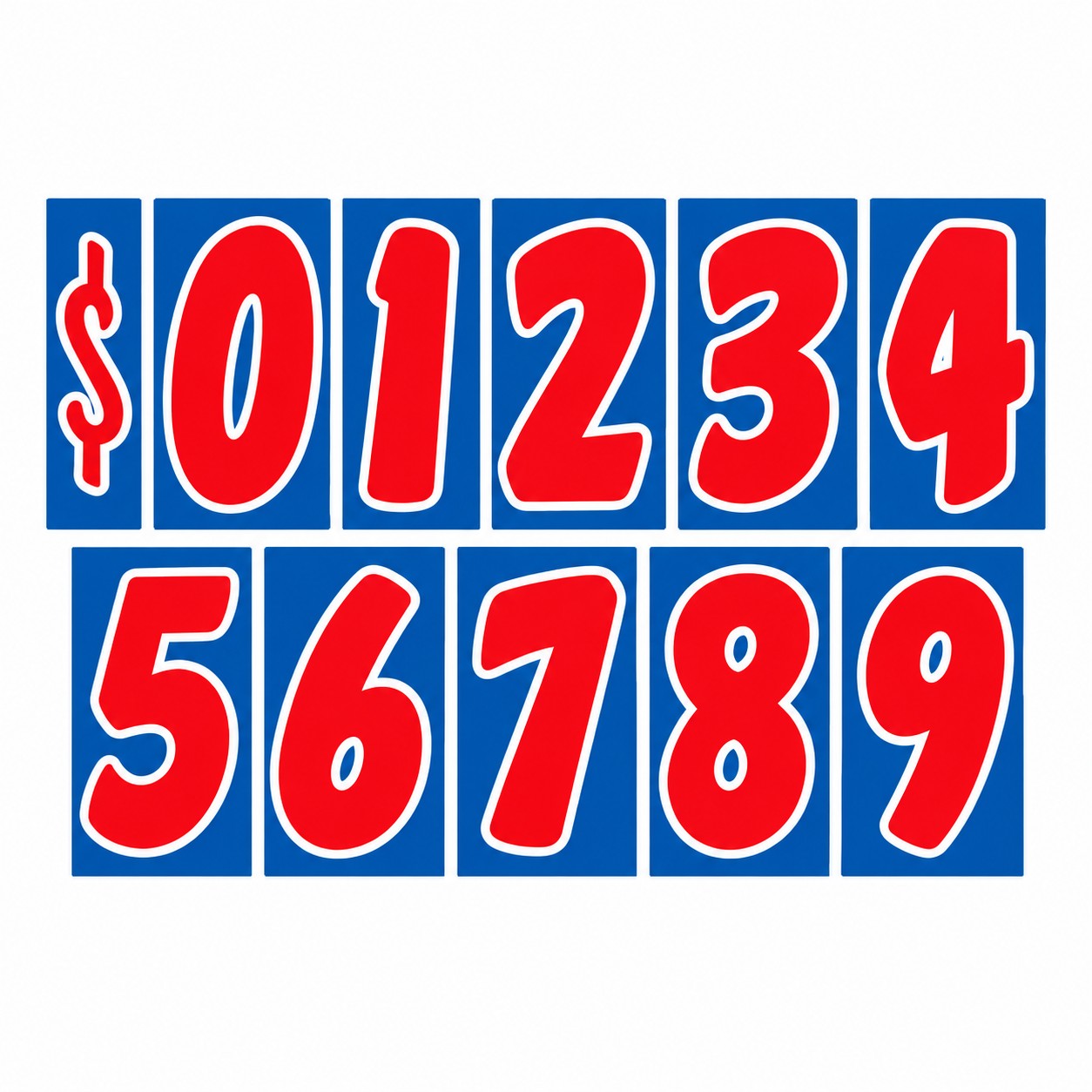 Red, white and blue patriotic windshield number decals showing digits zero through nine and a dollar sign