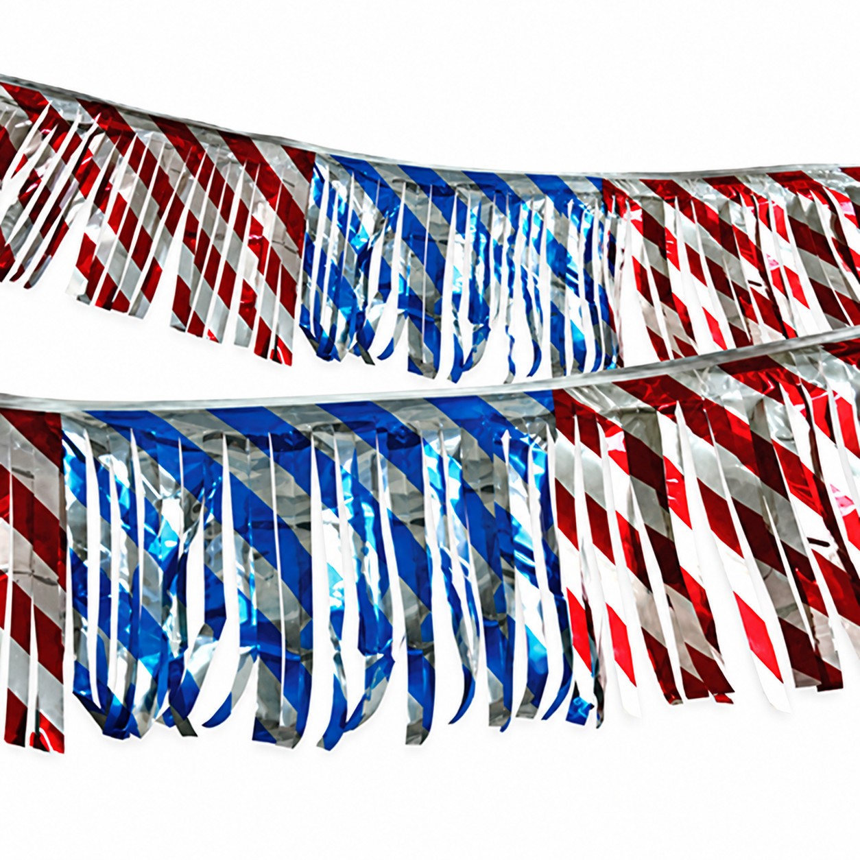Red, silver and blue metallic fringe streamers with patriotic star and stripe patterns