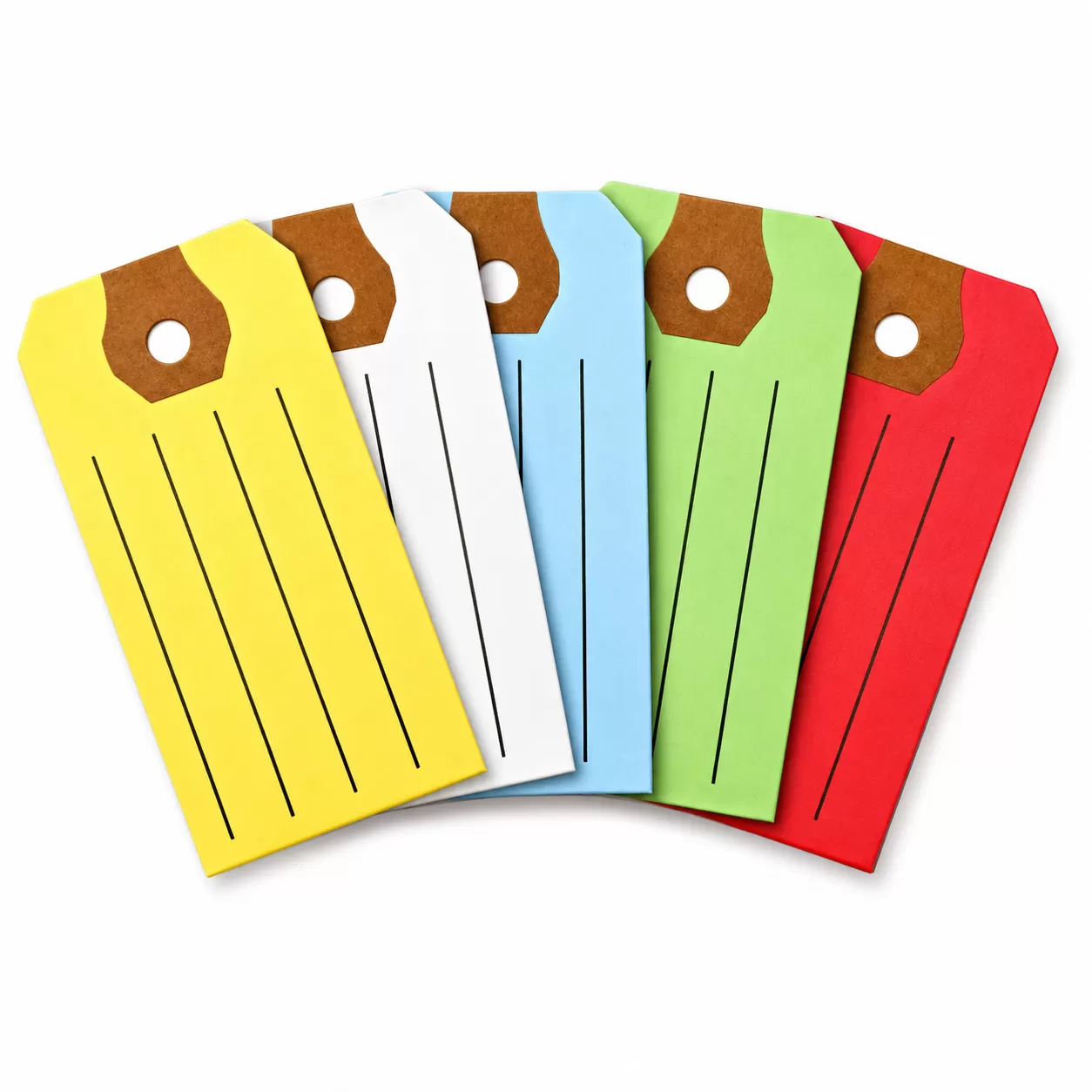 Five multipurpose tags in yellow, white, blue, green and red with reinforced holes and four writing lines