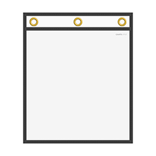 Clear repair order holder with black stitched border and two top grommets